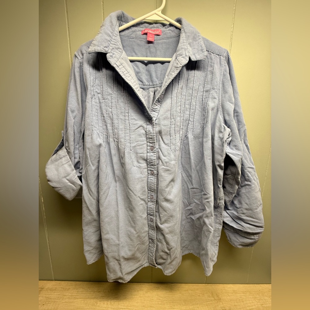 Woman Within Blue Button-Up Shirt